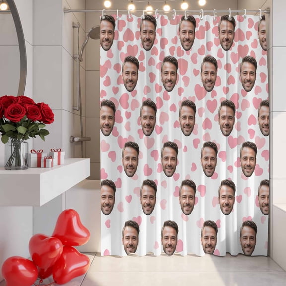 Valentine's Day Shower Curtain, 36" x 72", Funny Man Smile Face Picture Pink Love Heart Waterproof Bathroom Curtain Washable Shower Curtain Set with 12 Hooks
