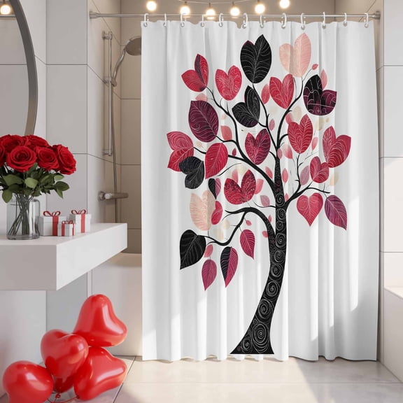 Valentine's Day Shower Curtain, 36" x 72", Love Heart Tree Leaf Romance Waterproof Bathroom Curtain Washable Shower Curtain Set with 12 Hooks