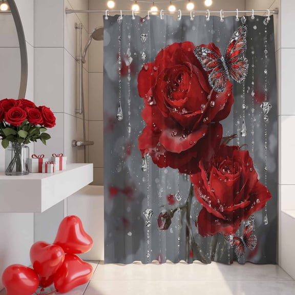 Valentine's Day Shower Curtain, 36" x 72", Rainy Romantic Diamonds Red Roses Floral Butterfly Waterproof Bathroom Curtain Washable Shower Curtain Set with 12 Hooks