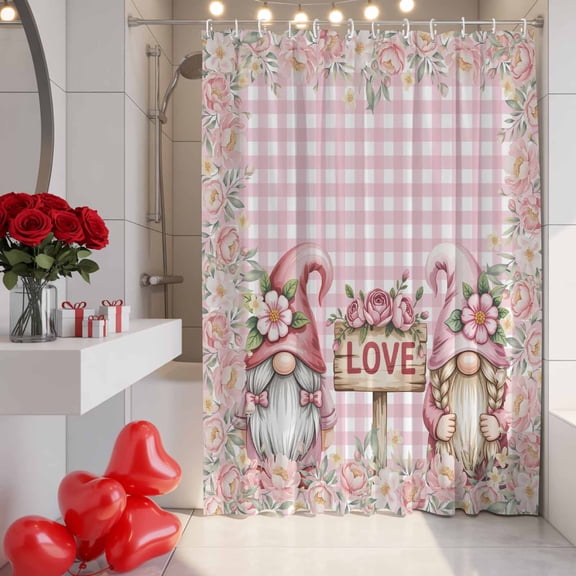 Valentine's Day Shower Curtain, 36" x 72", Romantic Love Gnome Couple Pink Rose Floral Buffalo Plaid Waterproof Bathroom Curtain Washable Shower Curtain Set with 12 Hooks