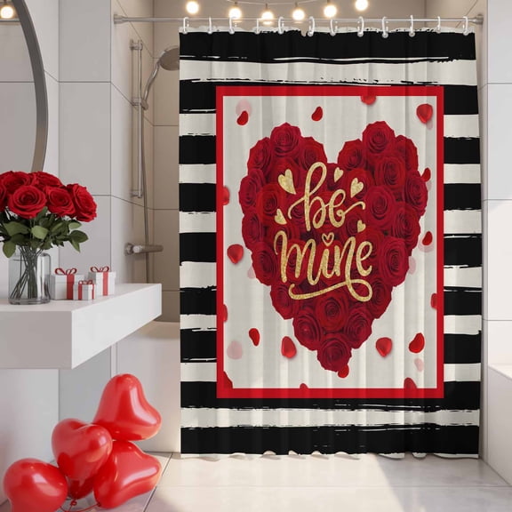 Valentine's Day Shower Curtain, 36" x 72", Romantic Red Love Roses Black White Stripe Waterproof Bathroom Curtain Washable Shower Curtain Set with 12 Hooks