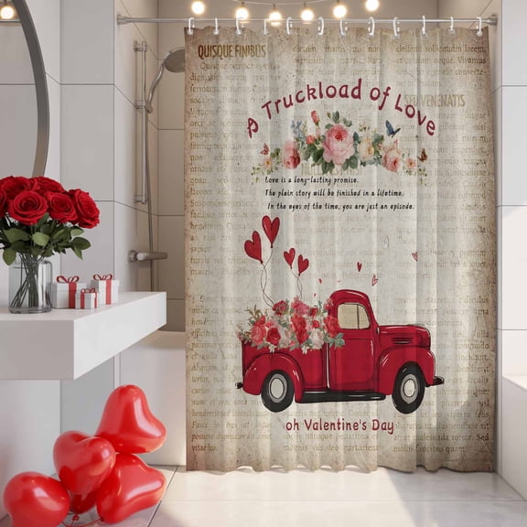 Valentine's Day Shower Curtain, 36" x 72", Truck With Roses Love Balloons Vintage Waterproof Bathroom Curtain Washable Shower Curtain Set with 12 Hooks
