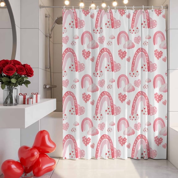 Valentine's Day Shower Curtain, 36" x 72", Watercolor Spring Pink Rainbow Cloud Love Heart Pink Waterproof Bathroom Curtain Washable Shower Curtain Set with 12 Hooks