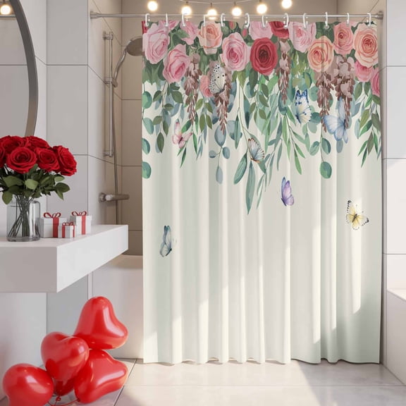 Valentine's Day Shower Curtain, 48" x 72", Spring Watercolor Red Pink Roses Floral Green Leaf Beige Waterproof Bathroom Curtain Washable Shower Curtain Set with 12 Hooks