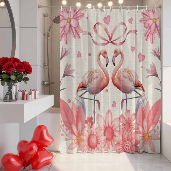 Valentine's Day Shower Curtain, 48" x 72", Sweet Flamingo Couple Pink Floral Love Heart Linen Texture Waterproof Bathroom Curtain Washable Shower Curtain Set with 12 Hooks