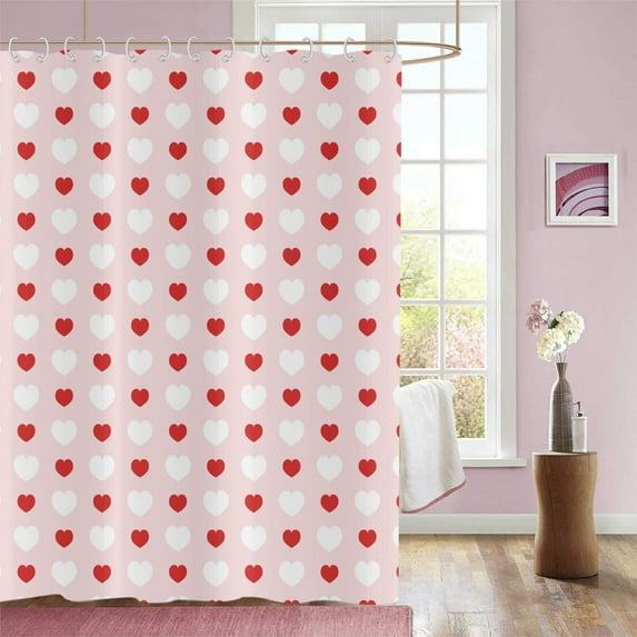 Valentine's Day Shower Curtain, 71"x35" Romantic Love Theme Red Pink White Little Heart Shower Curtain Bathroom Curtain Home Decor Waterproof Washable Bath Shower Curtain with Hooks