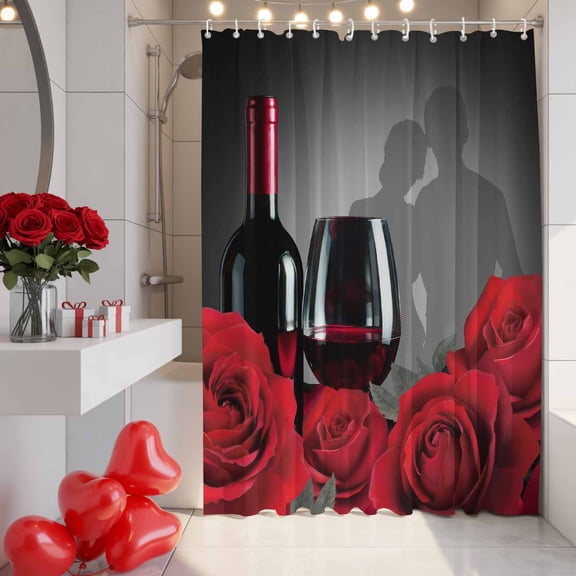 Valentine's Day Shower Curtain, 72" x 72", Romantic Couple Lover Shadow Red Roses Floral Red Wine Waterproof Bathroom Curtain Washable Shower Curtain Set with 12 Hooks