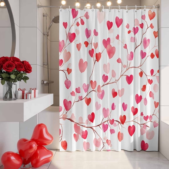 Valentine's Day Shower Curtain, 72" x 72", Romantic Watercolor Red Gradient Love Heart Tree Waterproof Bathroom Curtain Washable Shower Curtain Set with 12 Hooks