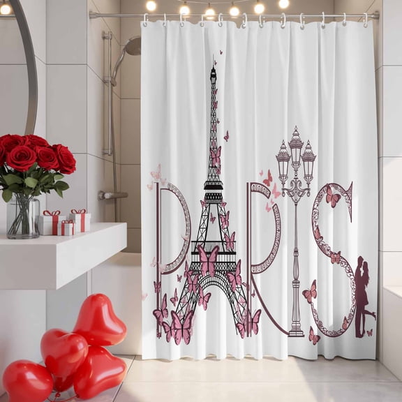 Valentine's Day Shower Curtain, 72" x 72", Sweet Couple under Paris Tower Eiffel Pink Butterfly Waterproof Bathroom Curtain Washable Shower Curtain Set with 12 Hooks