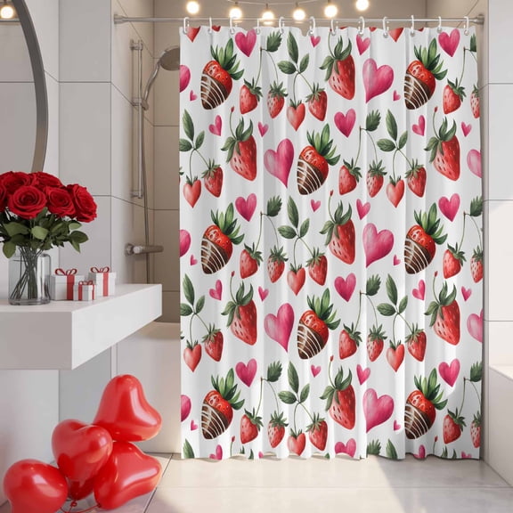 Valentine's Day Shower Curtain, 72" x 72", Watercolor Pink Love Strawberry Romantic Heart Waterproof Bathroom Curtain Washable Shower Curtain Set with 12 Hooks