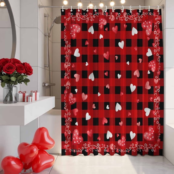 Valentine's Day Shower Curtain, 72" x 72", Watercolor Red Pink White Love Heart Red Black Plaid Lace Waterproof Bathroom Curtain Washable Shower Curtain Set with 12 Hooks