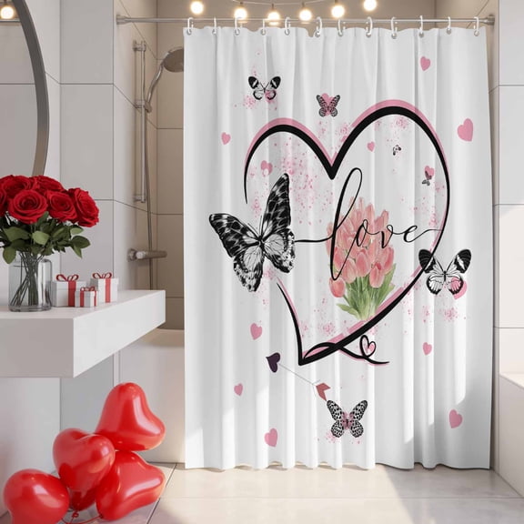 Valentine's Day Shower Curtain, 72" x 84", Black Butterfly Love Heart Floral Waterproof Bathroom Curtain Washable Shower Curtain Set with 12 Hooks