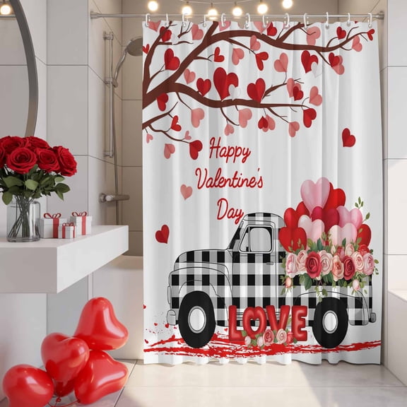 Valentine's Day Shower Curtain, 72" x 84", Black Plaid Love Truck with Roses Love Tree Waterproof Bathroom Curtain Washable Shower Curtain Set with 12 Hooks
