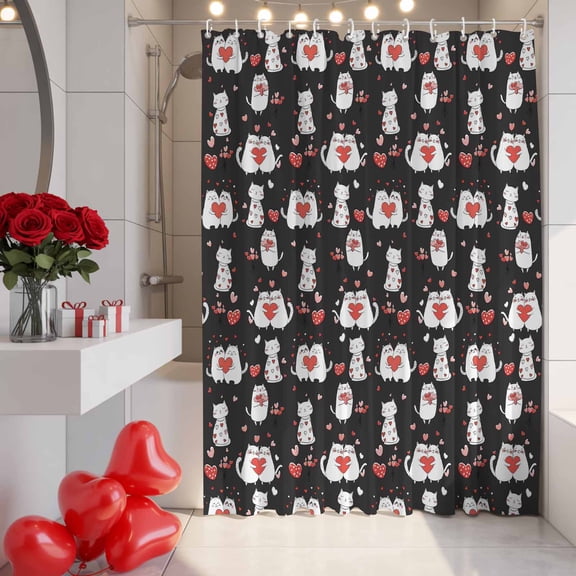 Valentine's Day Shower Curtain, 72" x 84", Cartoon Couple Cats Love Black Background Waterproof Bathroom Curtain Washable Shower Curtain Set with 12 Hooks