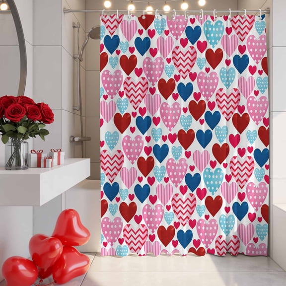 Valentine's Day Shower Curtain, 72" x 84", Romantic Pink Blue Red Polka Dot Stripes Love Heart Waterproof Bathroom Curtain Washable Shower Curtain Set with 12 Hooks