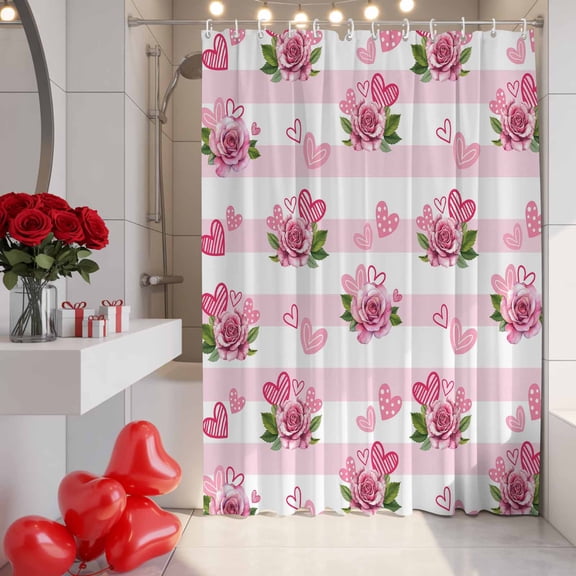 Valentine's Day Shower Curtain, 72" x 84", Romantic Pink Roses Floral Love Heart Pink Stripes Waterproof Bathroom Curtain Washable Shower Curtain Set with 12 Hooks