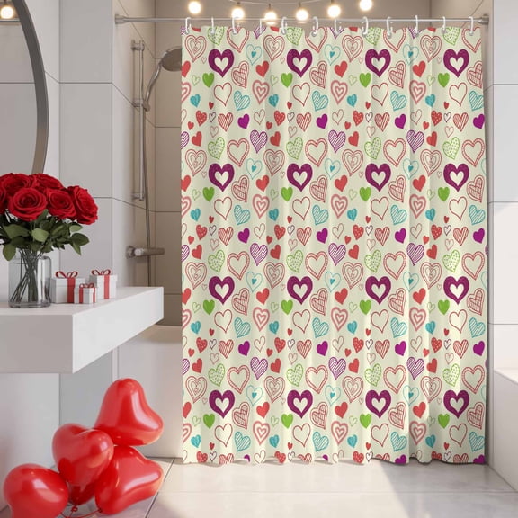 Valentine's Day Shower Curtain, 72" x 84", Simple Colorful Love Plaid Polka Dot Lines Hearts Yellow Waterproof Bathroom Curtain Washable Shower Curtain Set with 12 Hooks