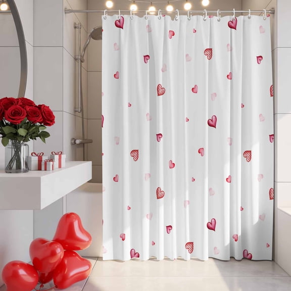 Valentine's Day Shower Curtain, 72" x 84", Watercolor Romantic Gradient Pink Stripes Love Heart Waterproof Bathroom Curtain Washable Shower Curtain Set with 12 Hooks