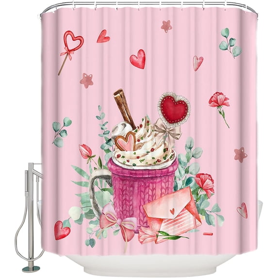 Valentine''s Day Shower Curtain for Bathroom 72" x 84" Pink Valentine Gingerbread Man Retro Coffee Cappuccino Linen Shower Curtain with Hooks Polyester Waterproof Home Bathtub Decor