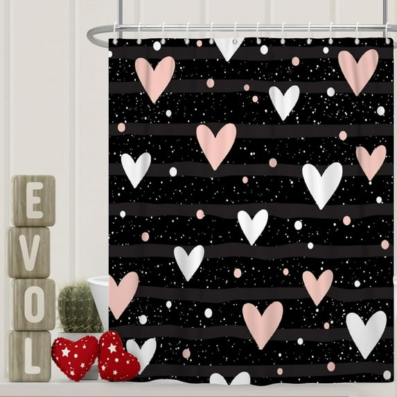 Valentine''s Day Shower Curtain for Bathroom 72x72 inches Pink White Hearts Waterproof Fabric Stall RV Bathtub Decor Polka Dots Decoration Hotel Room Divider Shower Curtains Set with Hooks