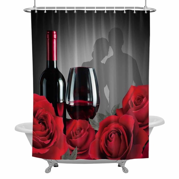 Valentine's Day Shower Curtain for Bathroom, Romantic Couple Lover Shadow Red Roses Floral Red Wine Waterproof Cloth Fabric Bathroom Accessories Set with 12 Rust Proof Plastic Hooks, 72"x72"