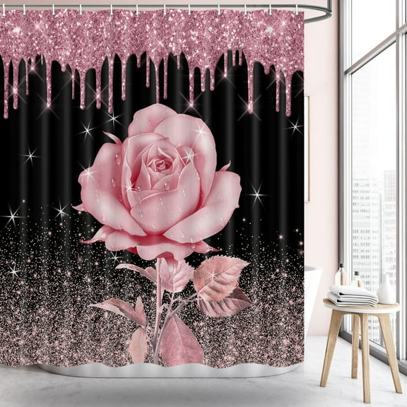 Valentine's Day Shower Curtain for Bathroom Rose Shower Curtain Black and Pink Shower Curtains Pink Rose Flower Decorative Pretty Valentine Gift, 72" W x 72" H