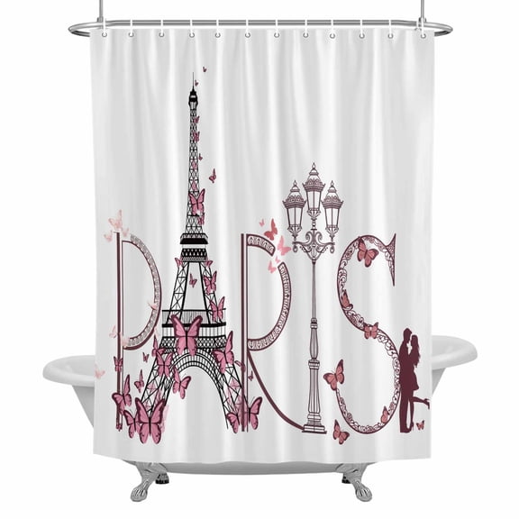 Valentine's Day Shower Curtain for Bathroom, Sweet Couple under Paris Tower Eiffel Pink Butterfly Waterproof Cloth Fabric Bathroom Accessories Set with 12 Rust Proof Plastic Hooks, 36"x78"