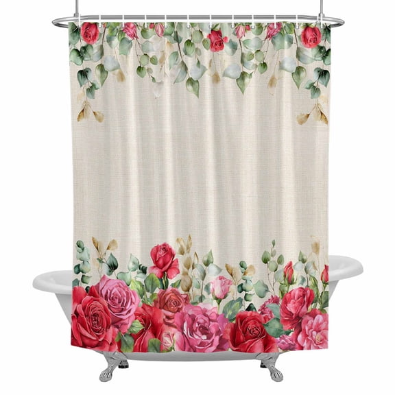 Valentine's Day Shower Curtain for Bathroom, Watercolor Roses Eucalyptus Leaf Rustic Waterproof Cloth Fabric Bathroom Accessories Set with 12 Rust Proof Plastic Hooks, 72"x96"