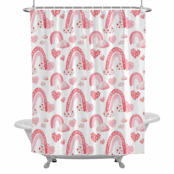 Valentine's Day Shower Curtain for Bathroom, Watercolor Spring Pink Rainbow Cloud Love Heart Pink Waterproof Cloth Fabric Bathroom Accessories Set with 12 Rust Proof Plastic Hooks, 36"x72"