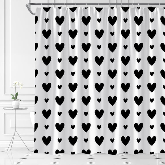 Valentine''s Day Shower Curtain Black Heart Modern Simple Cute Love Romantic Fabric Bathroom Decor Set with Hooks(70" Wx70 H)