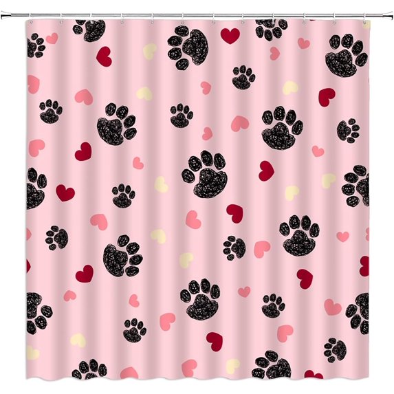 Valentine''s Day Shower Curtain Black Paw Print Red Pink Heart Funny Cute Romantic Modern Creative Fashion Couple Lover 70x70(WxH) Inch Bathroom Decor Fabric Curtain with Hooks