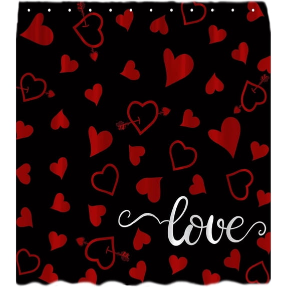 Valentine''s Day Shower Curtain Black Red Love Heart Romantic Sweetheart Sweet Couple Lover Theme Holiday Bathroom Curtains Decor with Hooks