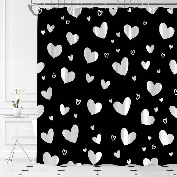 Valentine''s Day Shower Curtain Black White Heart Romantic Love Creative Polyester Fabric Bathroom Decor Set with Hooks(36" Wx70 H)