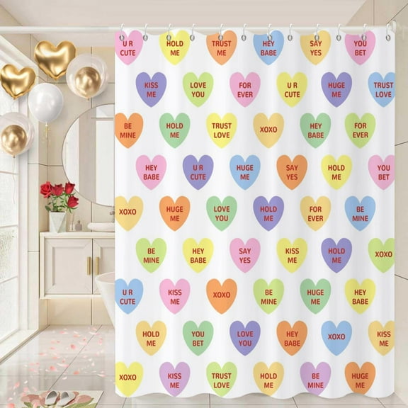 Valentine''s Day Shower Curtain, Colorful Candy Heart Love Theme Cute Girly Bathroom Curtain Waterproof Fabric Machine Washable with Hooks, 36" Wx72 L