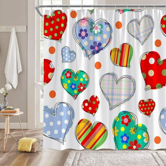 Valentine''s Day Shower Curtain Colorful Heart Boho Floral Romantic Sweet Love for Lover Couple Creative Bathroom Decor Fabric Curtain with Hooks