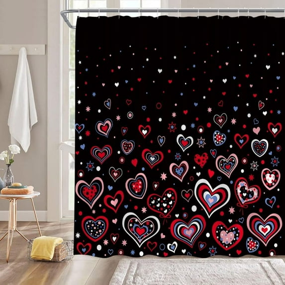 Valentine''s Day Shower Curtain Colorful Heart Romantic Sweet Love for Lover Couple Creative Bathroom Decor Fabric Curtain with Hooks, Pink Red Black, 6295AL-90x180