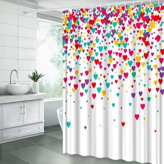 Valentine''s Day Shower Curtain Colorful Sweet Heart Romantic Love Lover Couple Gifts Creative Modern Fashion Fabric Bathroom Decor Curtain Sets with Hooks