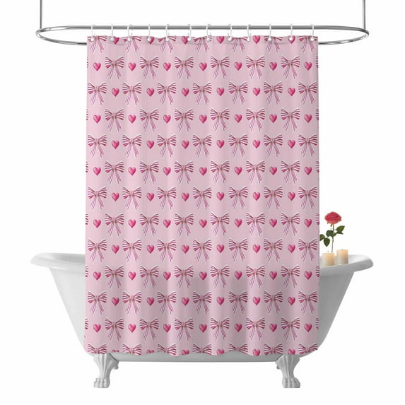 Valentine's Day Shower Curtain Cute Bow Bathroom Curtains with Hooks, Waterproof Fabric Pink Sweet Love Heart Bath Shower Curtains Set for Bathroom Bathtubs Valentines Decor 72x72 Inch