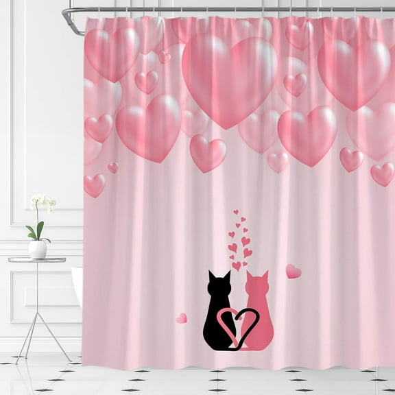 Valentine''s Day Shower Curtain Cute Cat Fantasy Pink Love Hearts Romantic Valentine Dreamy Fabric Bathroom Decor Set with Hooks(72" WX72 H)