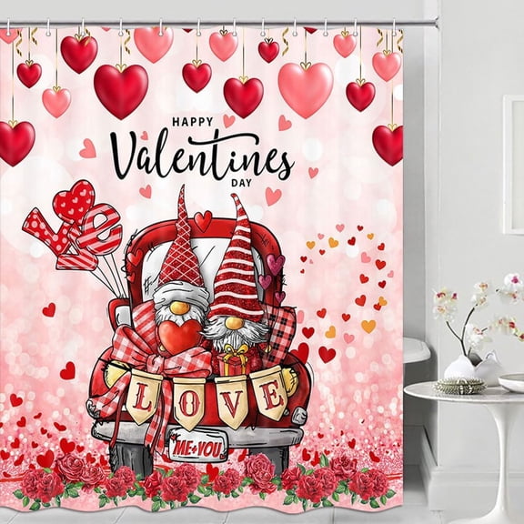 Valentine''s Day Shower Curtain for Girls, Farmhouse Sweet Gnomes Couples with Red Love Heart Balloon Bath Curtains, Happy Valentines Romantic Rose Vintage Truck Fabric Waterproof Bathtub Decorations