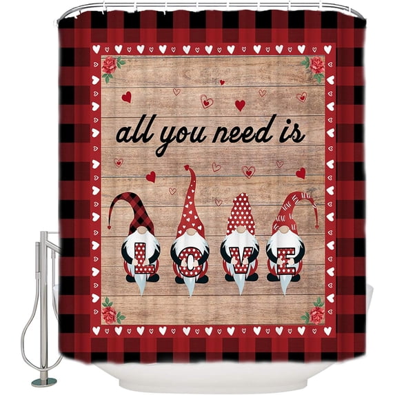 Valentine''s Day Shower Curtain Gnomes with Love Shower Curtains for Bathroom Decor Rose Floral Red Buffalo Check Plaid Polka Dot Wood Grain Bathroom Decor Sets with Hooks Waterproof 72"x72"