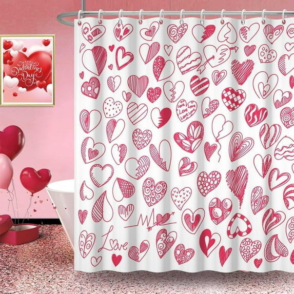 Valentine''s Day Shower Curtain, Graffiti Cute Little Heart Shower Curtain Set for Bathroom Waterproof Mother''s Day Shower Curtain with Hooks, 72x84 Inch