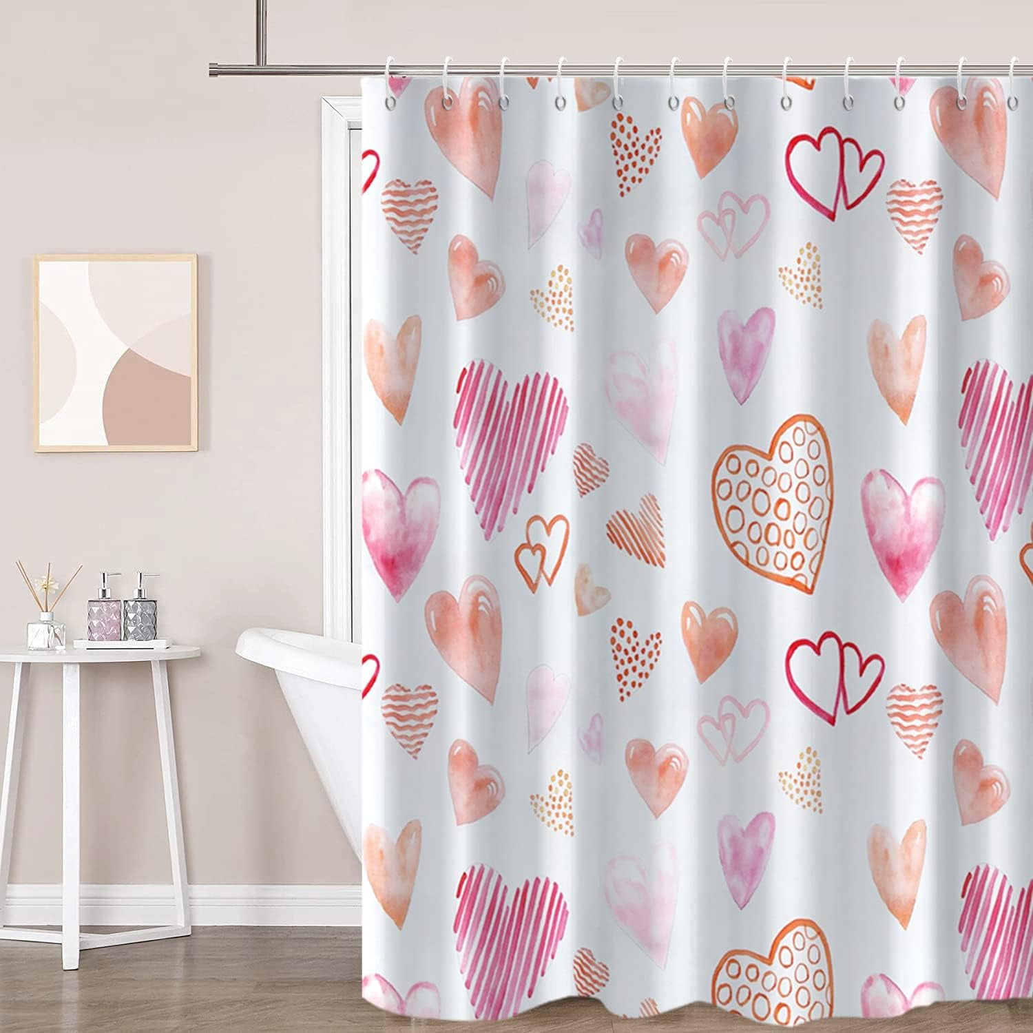 Valentine''s Day Shower Curtain, Heart Pink Doodle Art Painting