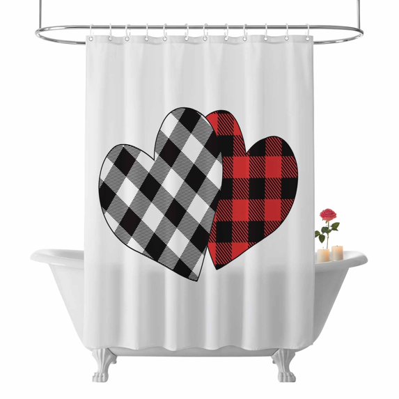 Valentine's Day Shower Curtain Love Heart Bathroom Curtains with Hooks, Waterproof Fabric Romantic Red Black Buffalo Plaid Bath Shower Curtains Set for Bathroom Bathtubs Valentines Decor 72x72 Inch