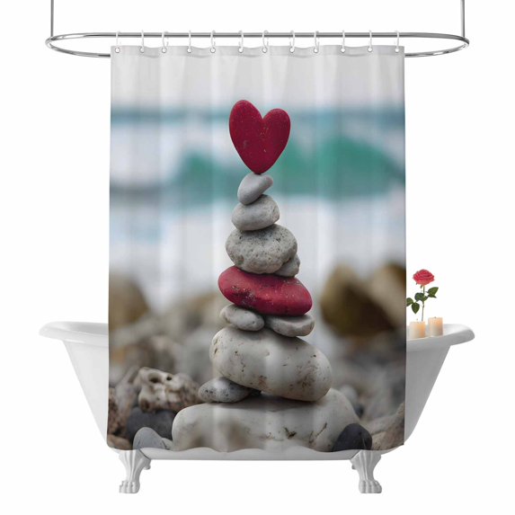 Valentine's Day Shower Curtain Love Heart Stones Bathroom Curtains with Hooks, Waterproof Fabric Ocean Beach Art Bath Shower Curtains Set for Bathroom Bathtubs Valentines Decor 72x72 Inch
