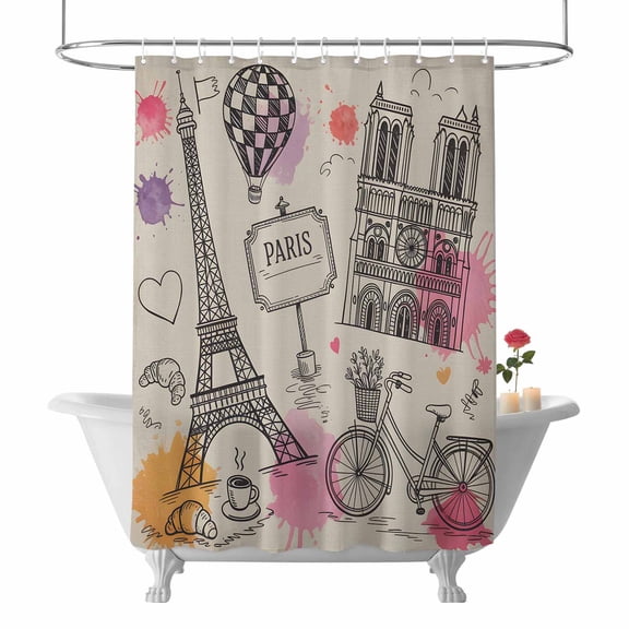 Valentine's Day Shower Curtain Paris Love Heart Bathroom Curtains with Hooks, Waterproof Fabric Romantic Bicycles Bath Shower Curtains Set for Bathroom Bathtubs Valentines Decor 72x72 Inch