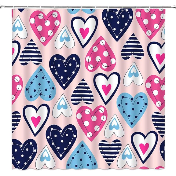 Valentine''s Day Shower Curtain Pink Blue Navy Heart Romantic Sweet Love Modern Boho Geometric Colorful Fashion Lover Couple 36x70(WxH) Inch Bathroom Decor Fabric Curtain with Hooks