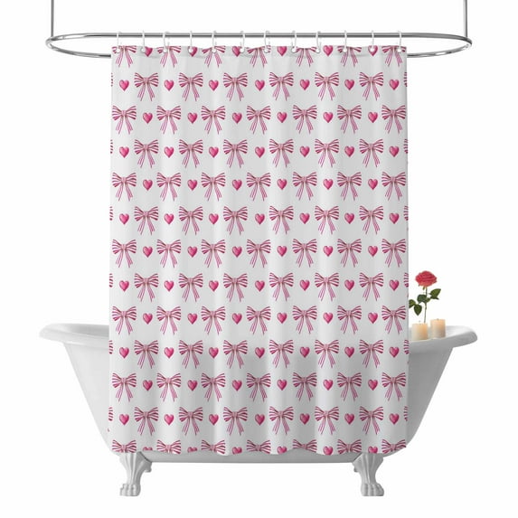 Valentine's Day Shower Curtain Pink Bow Bathroom Curtains with Hooks, Waterproof Fabric Sweet Love Heart Bath Shower Curtains Set for Bathroom Bathtubs Valentines Decor 72x72 Inch