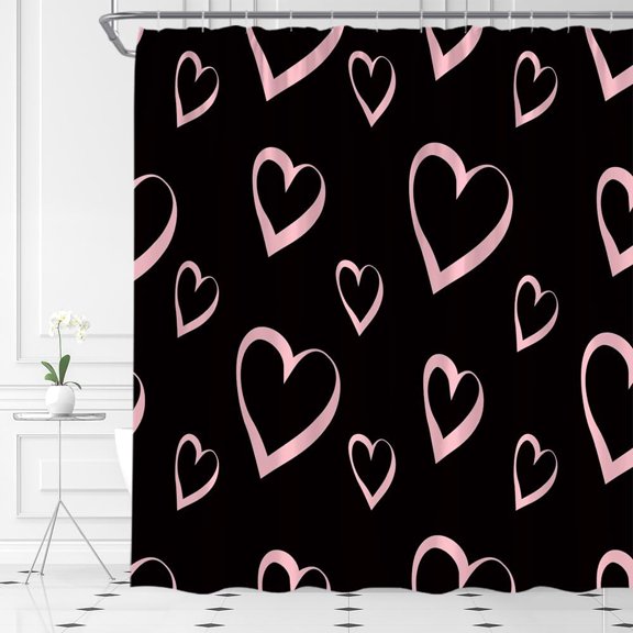 Valentine''s Day Shower Curtain Pink Heart Black Background Romantice Sweet Couple Fabric Bathroom Curtain Set with Hooks(36" Wx70 H)