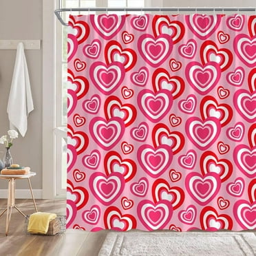 Valentine''s Day Shower Curtain Pink Heart Love Couple Sweetheart Romantic Fabric Bathroom Decor Curtain with Hooks,Pink